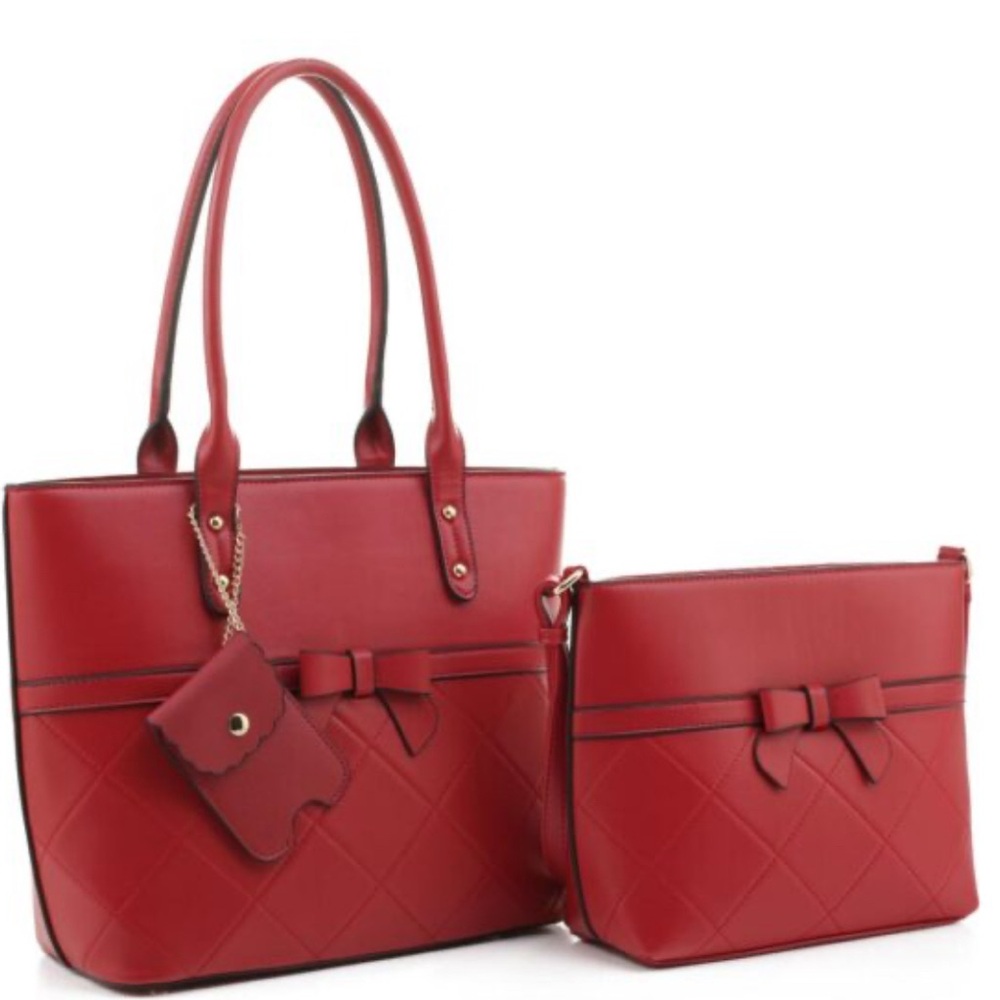 Red Textured Tote Bag Set with Bow Detail
